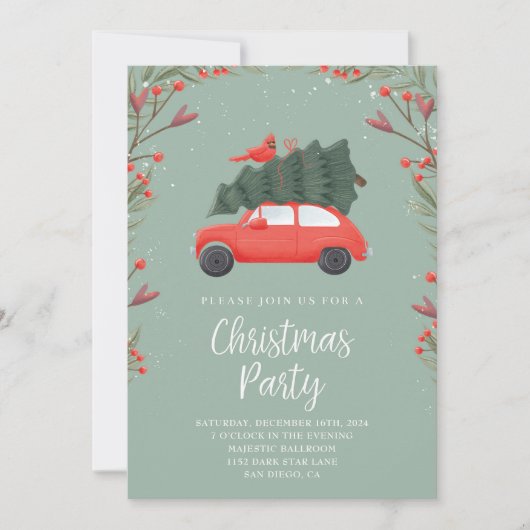 Modernes schneeweihnachtliches Party Pine Tree Red Einladung (Vorderseite)