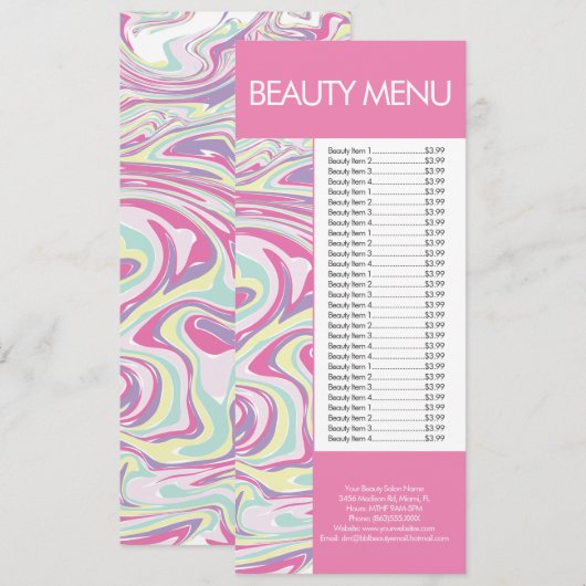 Modernes Schönheitspflegemenü mit flüssigem Muster Menükarte (Vorne/Hinten)