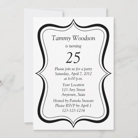 Modernes Schwarz-25. Geburtstags-Party Einladung (Vorderseite)