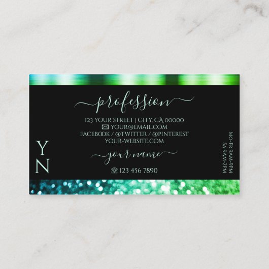 Modernes Schwarz-Aquamarin-Grün-Glitzer-Monogramm Visitenkarte (Rückseite)