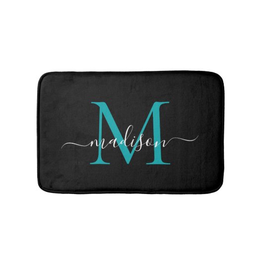 Modernes Schwarz-Aquamarin-Grün-Monogramm-Skript-E Badematte (Vorderseite)