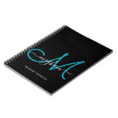Modernes Schwarz Aquamarines Script Mit Monogramm- Notizblock (Linke Seite)