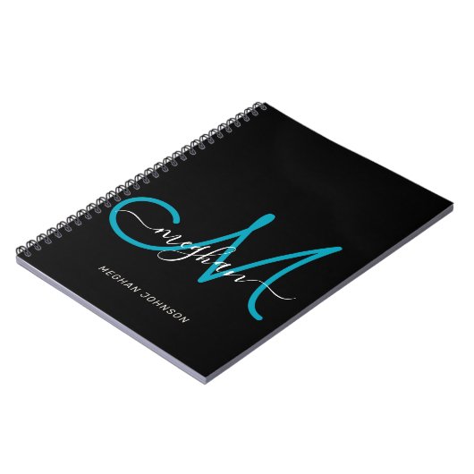 Modernes Schwarz Aquamarines Script Mit Monogramm- Notizblock (Linke Seite)