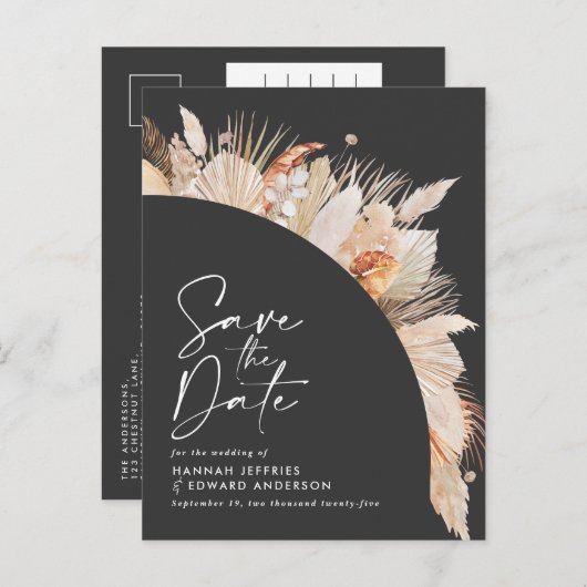 Modernes, schwarz-botanisches, elegantes Pampasgra Ankündigungspostkarte (Vorne/Hinten)