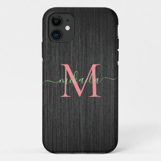Modernes Schwarz-Bürstenmetall-Rose-Gold Monogramm Case-Mate iPhone Hülle