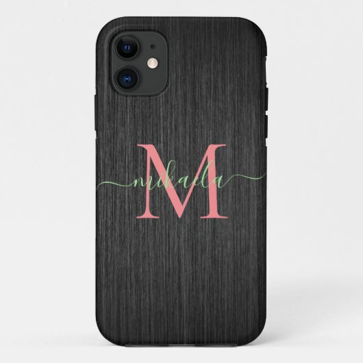 Modernes Schwarz-Bürstenmetall-Rose-Gold Monogramm Case-Mate iPhone Hülle (Rückseite)