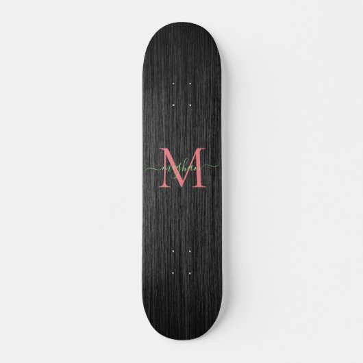 Modernes Schwarz-Bürstenmetall-Rose-Monogramm  Skateboard (Vorne)