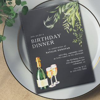 Modernes Schwarz | Champagne Greenery Geburtstagse Einladung