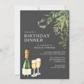 Modernes Schwarz | Champagne Greenery Geburtstagse Einladung (Vorderseite)