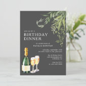 Modernes Schwarz | Champagne Greenery Geburtstagse Einladung (Stehend Vorderseite)