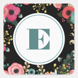 Modernes Schwarz der Blumen | Rosa | Aquamarine Mo Quadratischer Aufkleber