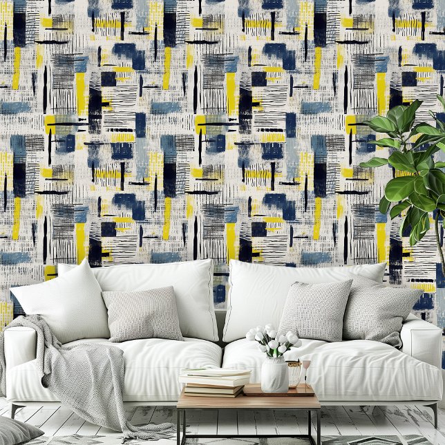 Modernes, schwarz-gelbes, geflochtenes Muster Tapete (Modern Black Blue Yellow Cross Hatched Pattern Wallpaper)