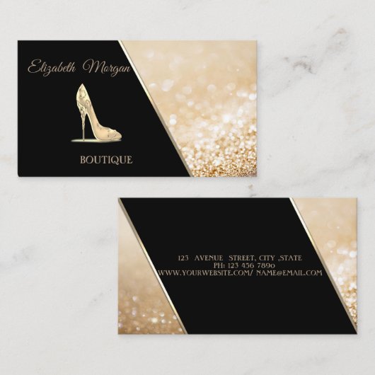 Modernes Schwarz, Glittery Bokeh, High Heel Visitenkarte (Vorne/Hinten)