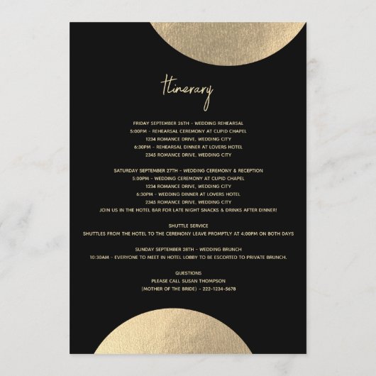 Modernes Schwarz-Gold-Abstrakt-Hochzeitsprogramm Programm (Rückseite)