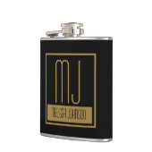 Modernes Schwarz-Gold-Anfangsmonogramm Flachmann (Links)