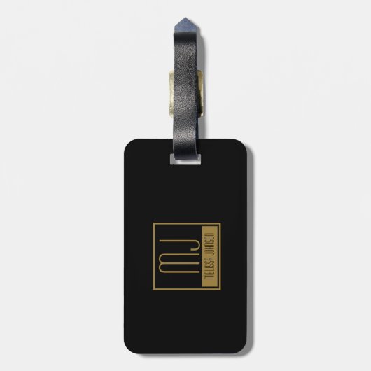 Modernes Schwarz-Gold-Anfangsmonogramm Gepäckanhänger (Rückseite vertikal)