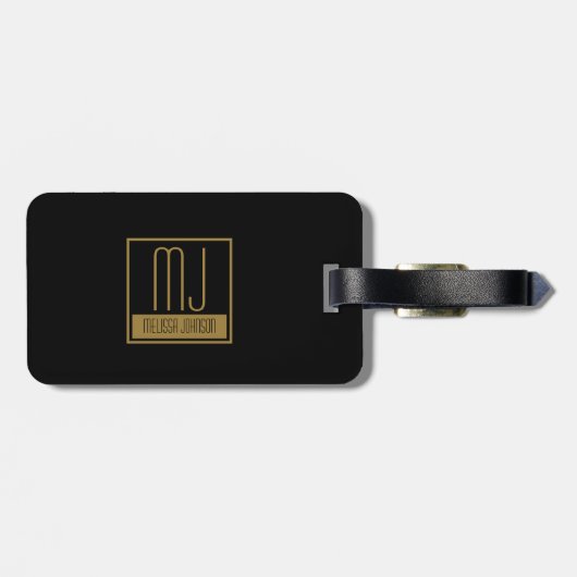 Modernes Schwarz-Gold-Anfangsmonogramm Gepäckanhänger (Rückseite horizontal)