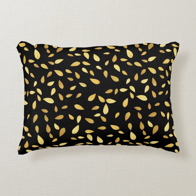 Modernes Schwarz-Gold-Blätter Illustriertes Muster Dekokissen (Vorderseite)