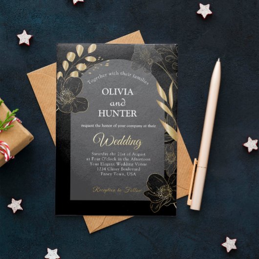 Modernes Schwarz-Gold-Blumen-Foto Hochzeitsfoil Folieneinladung