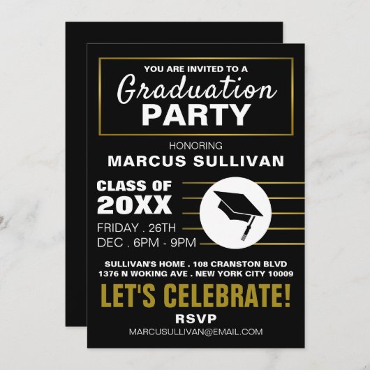 Modernes Schwarz & Gold, Einladung zur Graduierten (Vorne/Hinten)