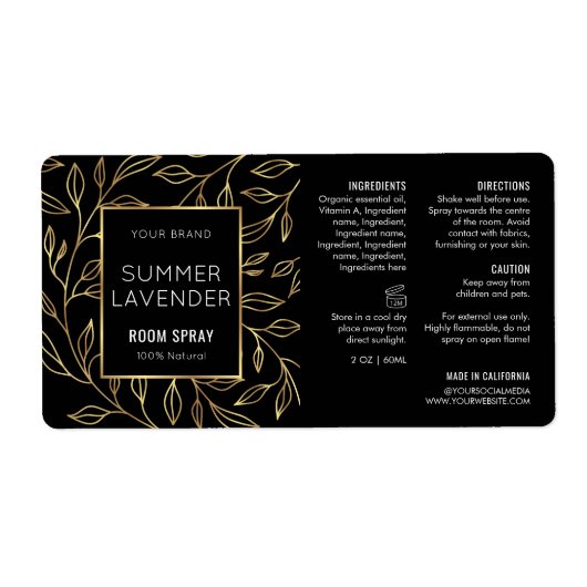 Modernes Schwarz-Gold-Flora-Spray-Etikett für Flas (Vorne)