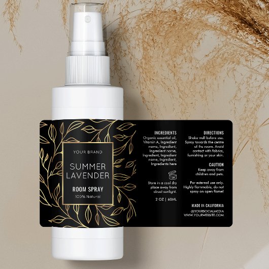Modernes Schwarz-Gold-Flora-Spray-Etikett für Flas