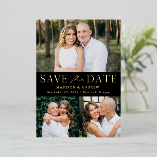 Modernes Schwarz-Gold-Foil 3 Foto Save the Date Folieneinladung (Stehend vorne)