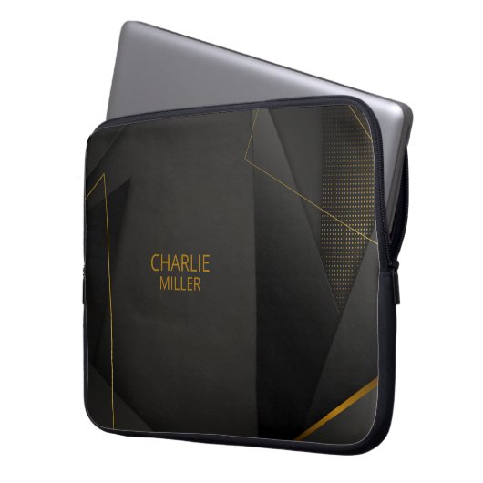 Modernes Schwarz-Gold-Halbtonmuster und Anpassungs Laptopschutzhülle (Vorderseite Links)