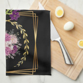 Modernes Schwarz Gold Lila floral Trendsetter Boho Geschirrtuch (Viertel Falte)