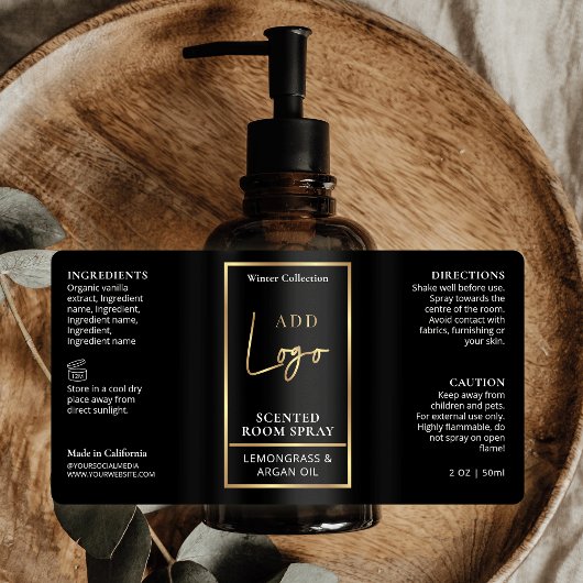 Modernes Schwarz-Gold-Logo-Spray-Flaschenetikett