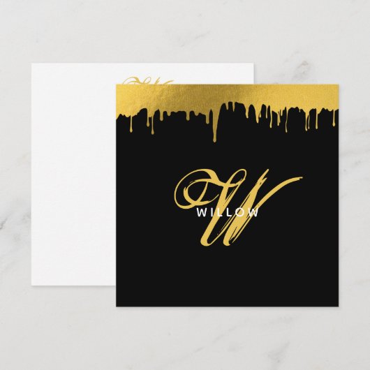 Modernes Schwarz/Gold Monogram-Vintages Skript Mitteilungskarte (Vorne/Hinten)