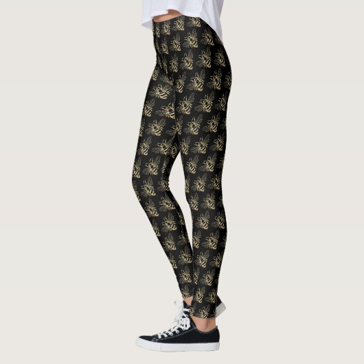Modernes Schwarz-Gold-Niedliches Bienenmuster Leggings (Links)