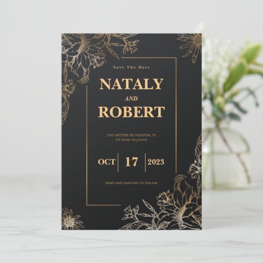 Modernes Schwarz/Gold Save the Date Minimalistisch (Stehend Vorderseite)