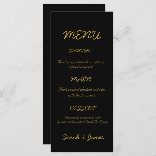 Modernes Schwarz-Gold-Script-Hochzeitsmenü Menükarte (Vorne/Hinten)