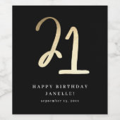 Modernes Schwarz & Gold-Script zum 21. Geburtstag Weinetikett (Einzelnes Label)