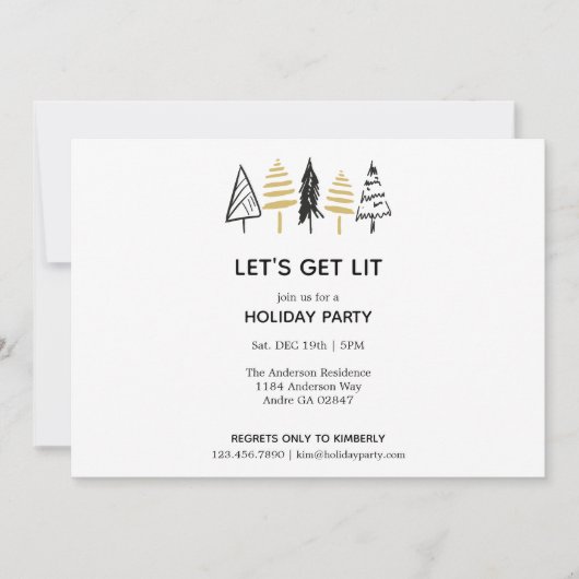 Modernes Schwarz & Gold Weihnachtsbaummuster Einladung (Vorderseite)