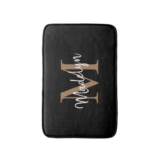 Modernes Schwarz-Gold-White-Monogram-Skript-Elegan Badematte (Vorderseite Vertikal)