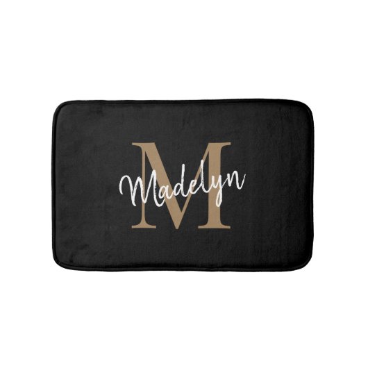 Modernes Schwarz-Gold-White-Monogram-Skript-Elegan Badematte (Vorderseite)