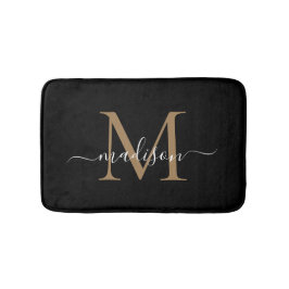 Modernes Schwarz-Gold-White-Monogram-Skript-Elegan Badematte