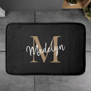 Modernes Schwarz-Gold-White-Monogram-Skript-Elegan Badematte