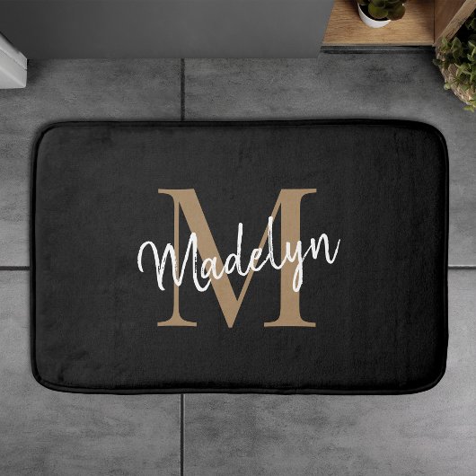 Modernes Schwarz-Gold-White-Monogram-Skript-Elegan Badematte
