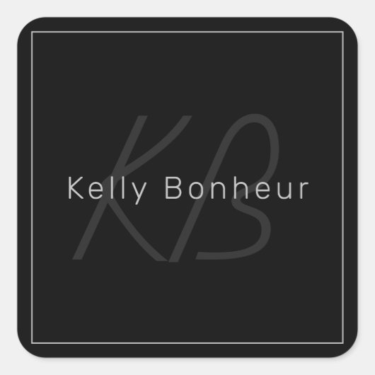 Modernes Schwarz & Grau | Cooler Name und Monogram Quadratischer Aufkleber (Vorderseite)