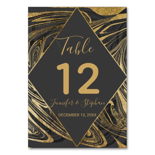 Modernes Schwarz-Grau-Goldmarmor Swirl Tischnummer (Vorderseite)