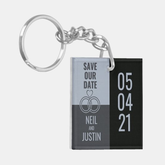 Modernes Schwarz & Grau Save the Date Schlüsselanhänger (Vorderseite links)