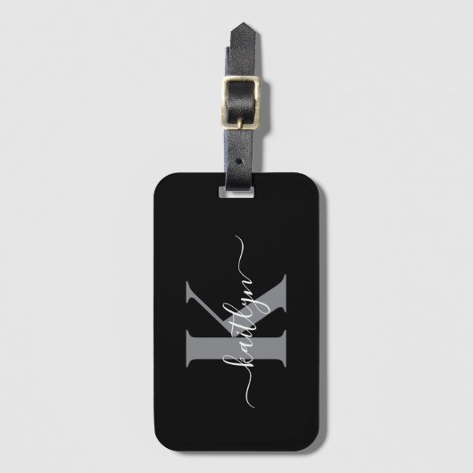 Modernes Schwarz-Grau-Script-Monogramm Gepäckanhänger (Vorderseite Vertikal)