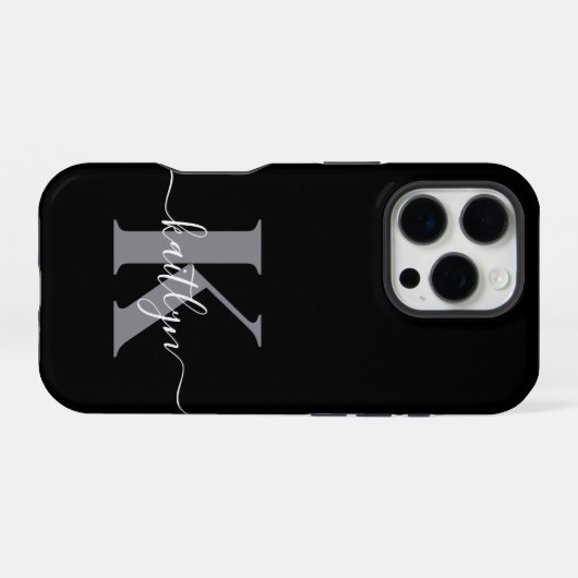 Modernes Schwarz-Grau-Script-Monogramm iPhone Hülle (Rückseite (Horizontal))