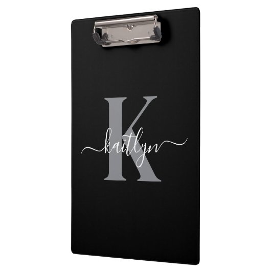 Modernes Schwarz-Grau-Script-Monogramm Klemmbrett (Links)