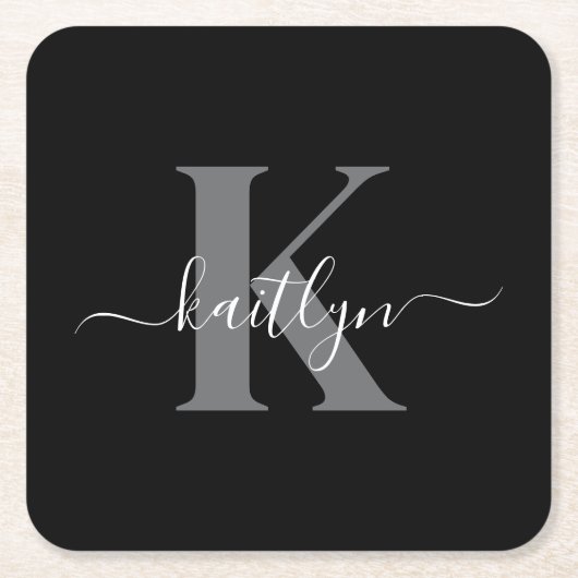 Modernes Schwarz-Grau-Script-Monogramm Rechteckiger Pappuntersetzer (Vorderseite)