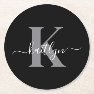 Modernes Schwarz-Grau-Script-Monogramm Runder Pappuntersetzer