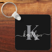 Modernes Schwarz-Grau-Script-Monogramm Schlüsselanhänger (Vorderseite)